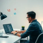 A professional programmer working at a modern desk with a laptop displaying Laravel framework code, surrounded by development tools like version control icons, debugging symbols, and elegant code snippets floating in the air, soft ambient lighting, clean minimalistic workspace, no text or numbers visible