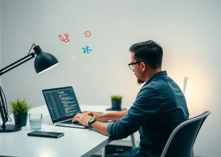 A professional programmer working at a modern desk with a laptop displaying Laravel framework code, surrounded by development tools like version control icons, debugging symbols, and elegant code snippets floating in the air, soft ambient lighting, clean minimalistic workspace, no text or numbers visible