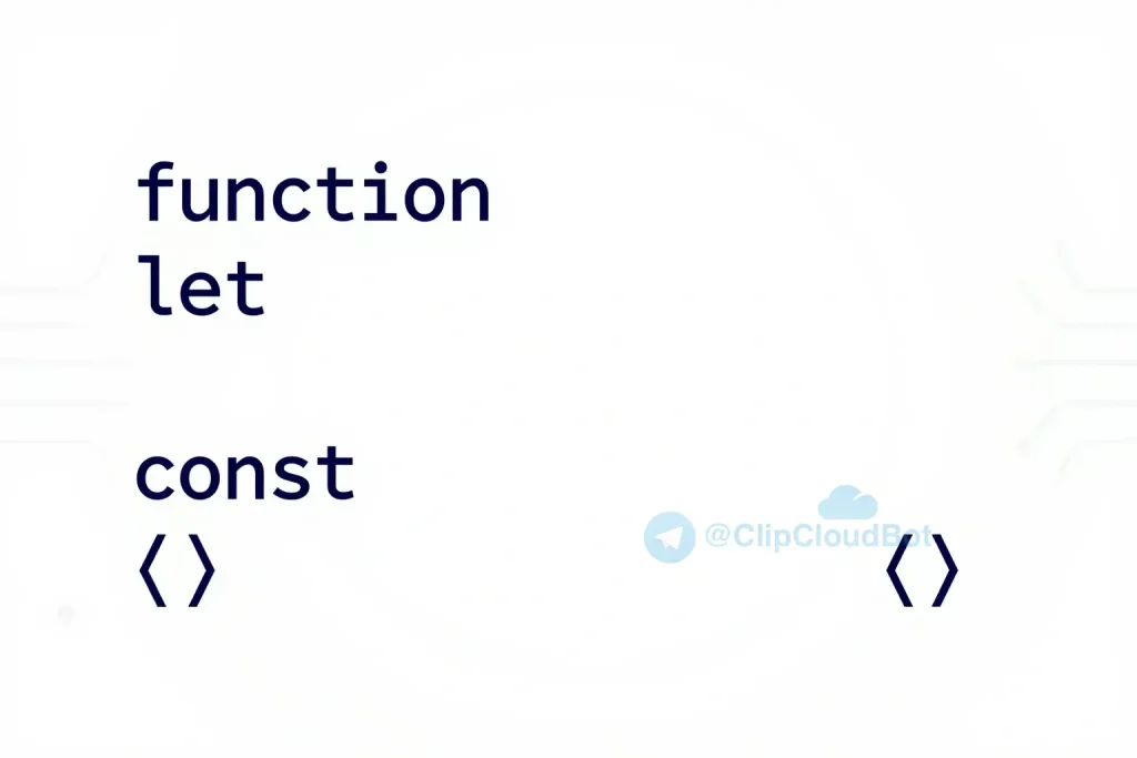 A clean, minimalist illustration of a JavaScript code snippet with syntax highlighting, showing keywords like 'function', 'let', 'const', and common symbols such as parentheses and curly braces, on a light background with subtle tech-themed accents like circuit patterns or binary code faintly visible, no text or numbers visible on the image