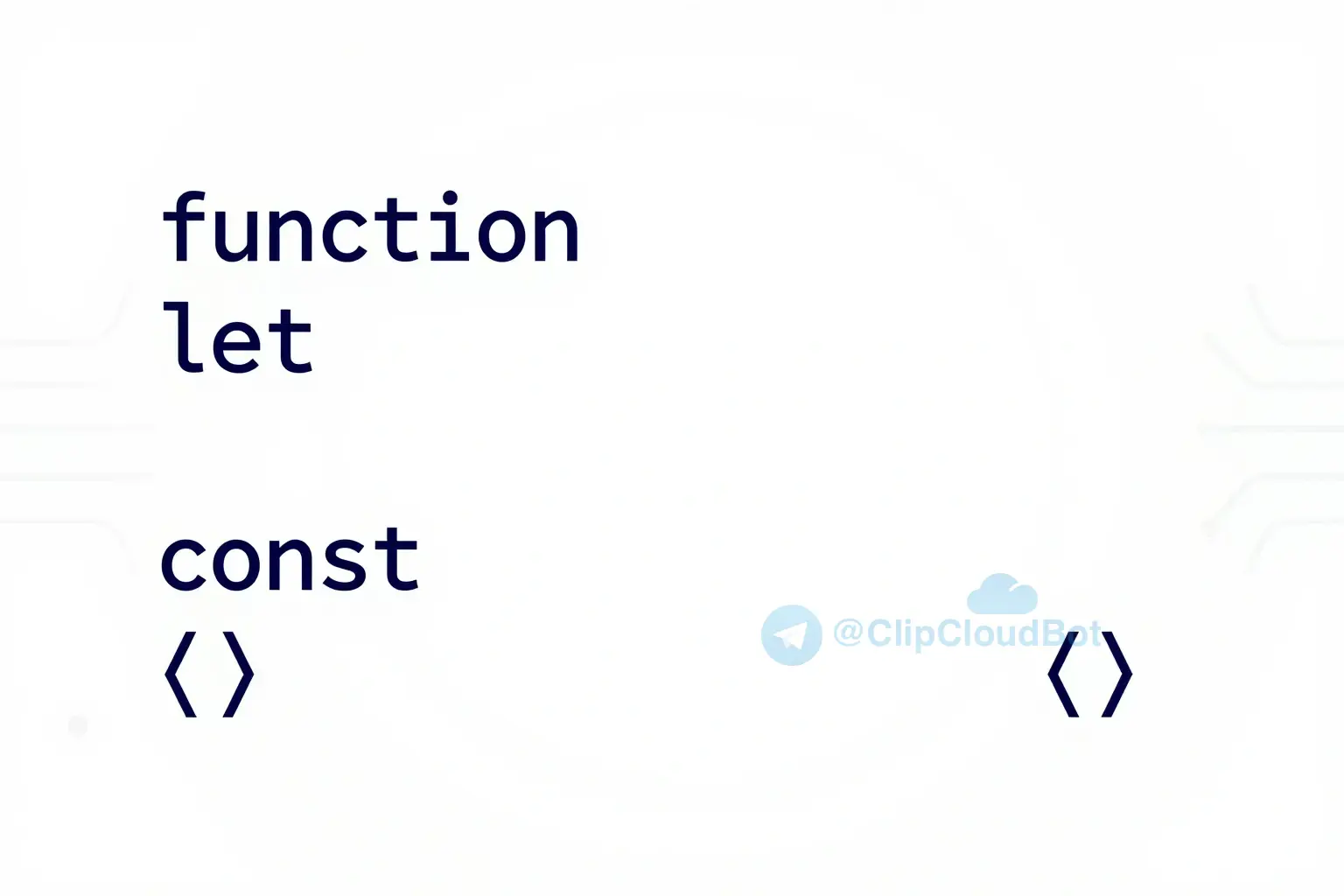JavaScript (پایه) A clean, minimalist illustration of a JavaScript code snippet with syntax highlighting, showing keywords like 'function', 'let', 'const', and common symbols such as parentheses and curly braces, on a light background with subtle tech-themed accents like circuit patterns or binary code faintly visible, no text or numbers visible on the image