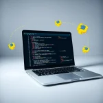 A sleek modern laptop displaying a Python code editor with visible syntax highlighting, surrounded by floating icons representing programming concepts like brackets, loops, and function symbols, clean minimalist background