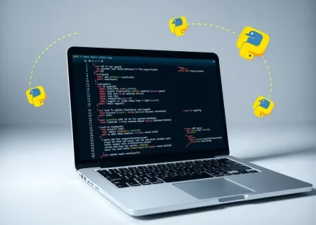 A sleek modern laptop displaying a Python code editor with visible syntax highlighting, surrounded by floating icons representing programming concepts like brackets, loops, and function symbols, clean minimalist background