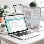 A clean, professional illustration of a laptop screen showing Laravel framework code snippets and PHP syntax with elegant syntax highlighting, surrounded by subtle programming elements like brackets and function calls, in a modern tech workspace setting