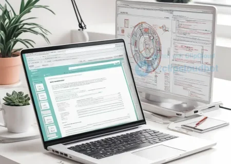 A clean, professional illustration of a laptop screen showing Laravel framework code snippets and PHP syntax with elegant syntax highlighting, surrounded by subtle programming elements like brackets and function calls, in a modern tech workspace setting