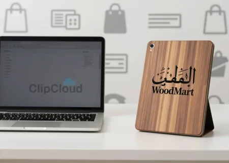A modern office desk with a sleek laptop, a stylized wooden tablet labeled 'WoodMart' in elegant Arabic calligraphy, and a subtle background of e-commerce icons like shopping bags and payment symbols, all rendered in a clean, professional style