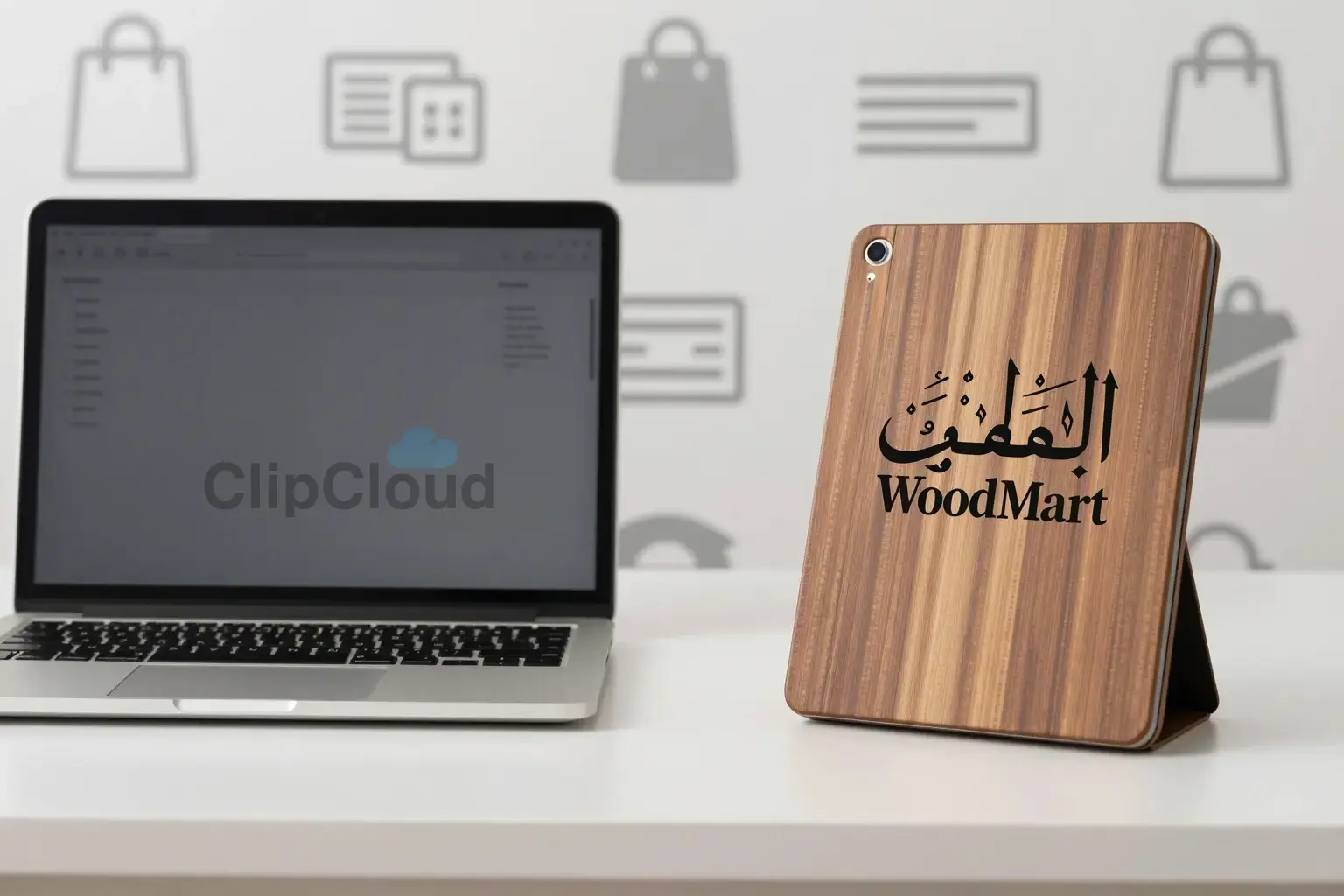 وودمارت (تکمیلی) A modern office desk with a sleek laptop, a stylized wooden tablet labeled 'WoodMart' in elegant Arabic calligraphy, and a subtle background of e-commerce icons like shopping bags and payment symbols, all rendered in a clean, professional style