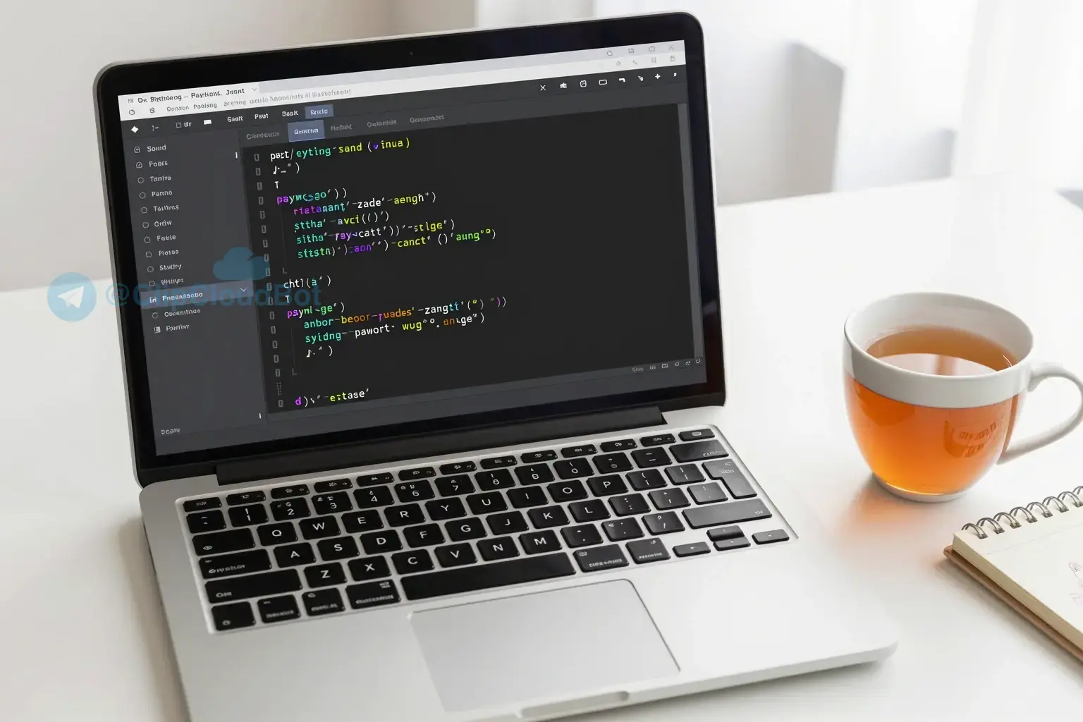 برنامهنویسی پایتون (تکمیلی) A clean, modern Python programming workspace with a laptop screen displaying readable Python code, a cup of tea, and a notebook with handwritten notes, soft natural lighting, no text or numbers visible on objects