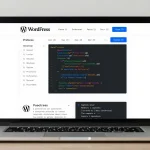 A professional, modern website design mockup for a specialized WordPress development company, showing clean interface elements, code snippets, and digital workspace with laptop and design tools, no text or numbers visible