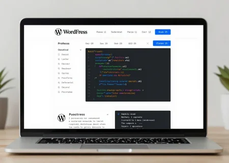 A professional, modern website design mockup for a specialized WordPress development company, showing clean interface elements, code snippets, and digital workspace with laptop and design tools, no text or numbers visible