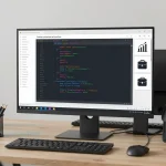 A professional Python programming workspace with a large monitor displaying clean code, surrounded by business-related icons like charts, graphs, and briefcases, modern office setting with subtle Persian calligraphy patterns in the background