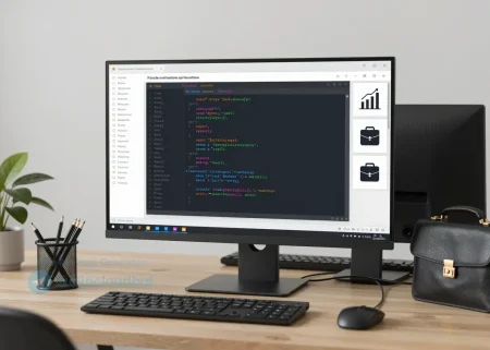 A professional Python programming workspace with a large monitor displaying clean code, surrounded by business-related icons like charts, graphs, and briefcases, modern office setting with subtle Persian calligraphy patterns in the background