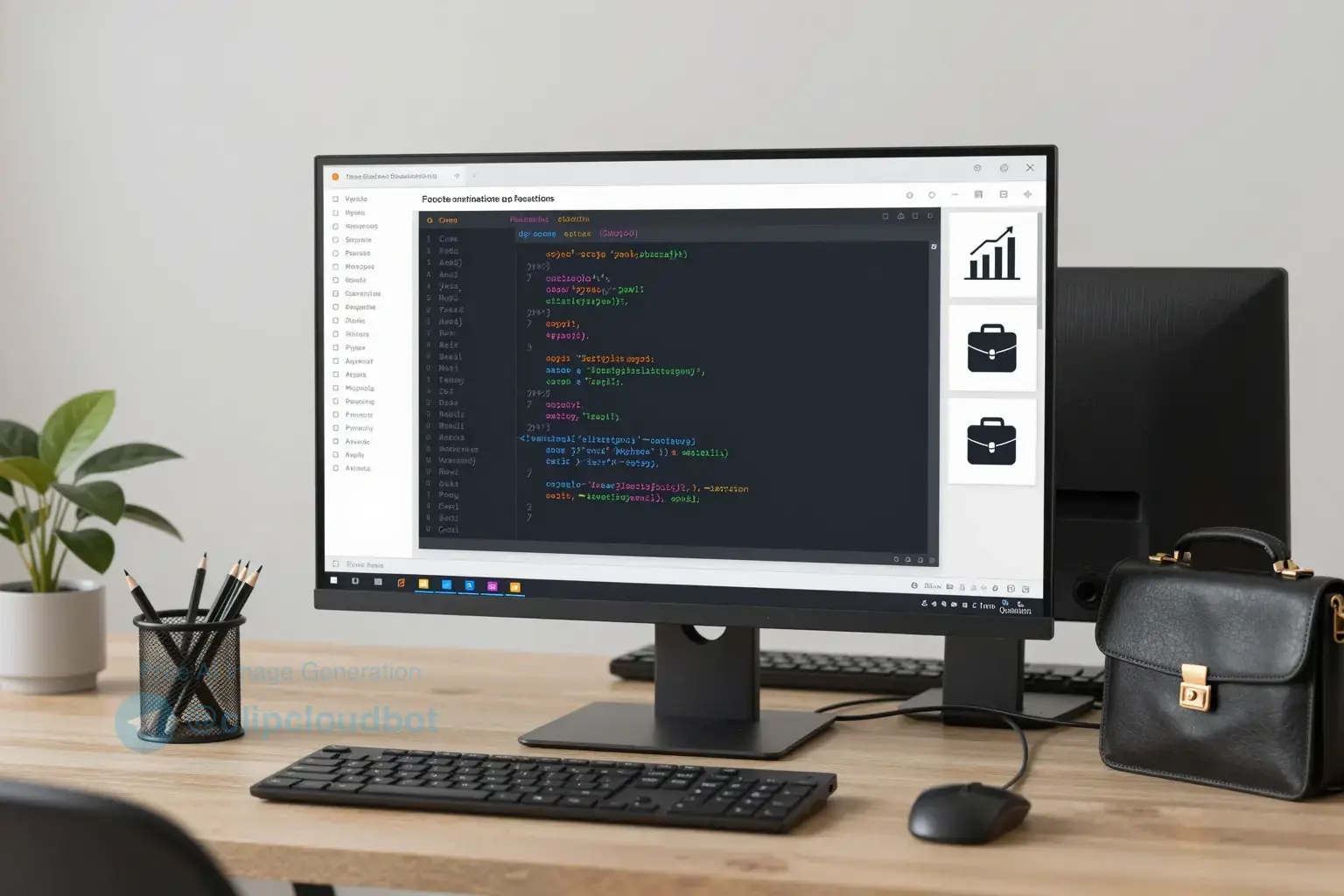 برنامهنویسی پایتون (حرفهای بازار کار) A professional Python programming workspace with a large monitor displaying clean code, surrounded by business-related icons like charts, graphs, and briefcases, modern office setting with subtle Persian calligraphy patterns in the background