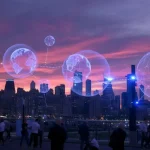 A futuristic city skyline at sunset with floating AI holograms and people interacting with advanced technology, vibrant colors, high detail, photorealistic