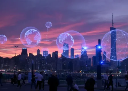 A futuristic city skyline at sunset with floating AI holograms and people interacting with advanced technology, vibrant colors, high detail, photorealistic