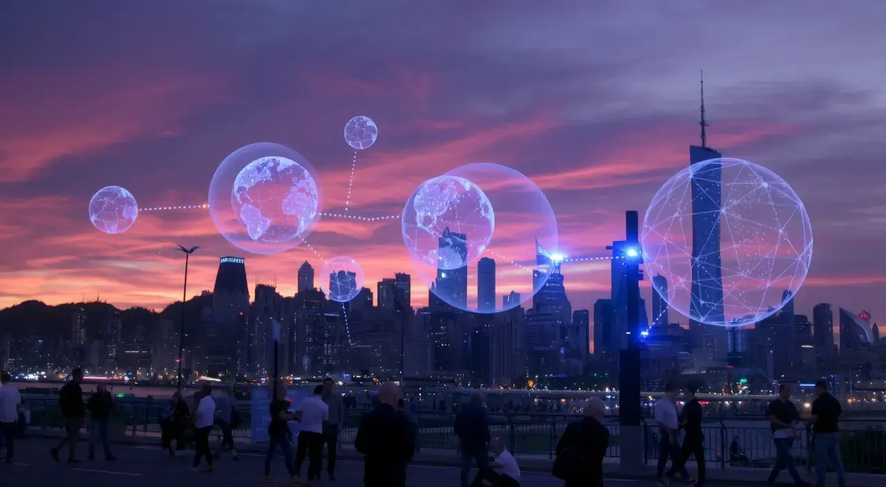هوش مصنوعی کاربردی (تکمیلی) A futuristic city skyline at sunset with floating AI holograms and people interacting with advanced technology, vibrant colors, high detail, photorealistic