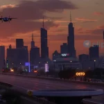 A futuristic city skyline at sunset with flying cars and glowing neon signs, vibrant colors, high detail, photorealistic