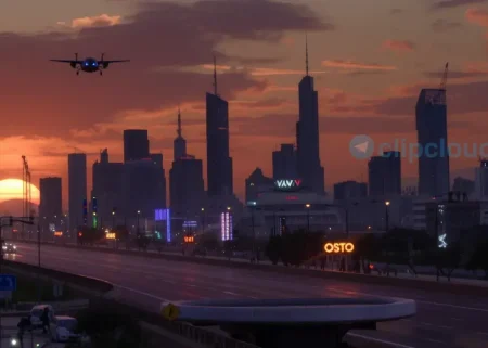 A futuristic city skyline at sunset with flying cars and glowing neon signs, vibrant colors, high detail, photorealistic