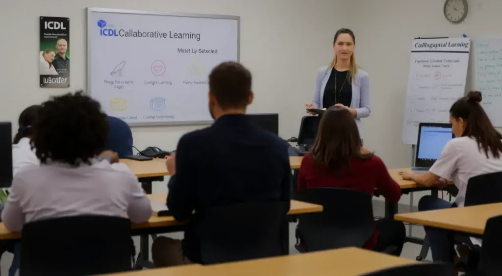 A professional classroom scene showing a diverse group of students and a teacher engaged in an educational activity, with a visible ICDL certification poster on the wall, modern desks, computers, and a whiteboard displaying collaborative learning symbols, all in a clean, realistic style