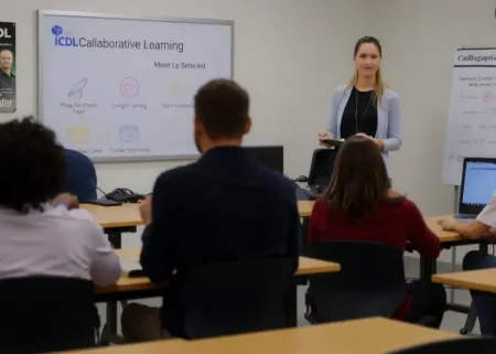 A professional classroom scene showing a diverse group of students and a teacher engaged in an educational activity, with a visible ICDL certification poster on the wall, modern desks, computers, and a whiteboard displaying collaborative learning symbols, all in a clean, realistic style