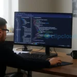 A professional Python programming workspace with a large high-resolution monitor displaying clean Python code, a sleek modern desk, a focused programmer typing, soft ambient lighting, and subtle tech-themed decorations