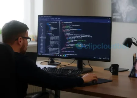 A professional Python programming workspace with a large high-resolution monitor displaying clean Python code, a sleek modern desk, a focused programmer typing, soft ambient lighting, and subtle tech-themed decorations