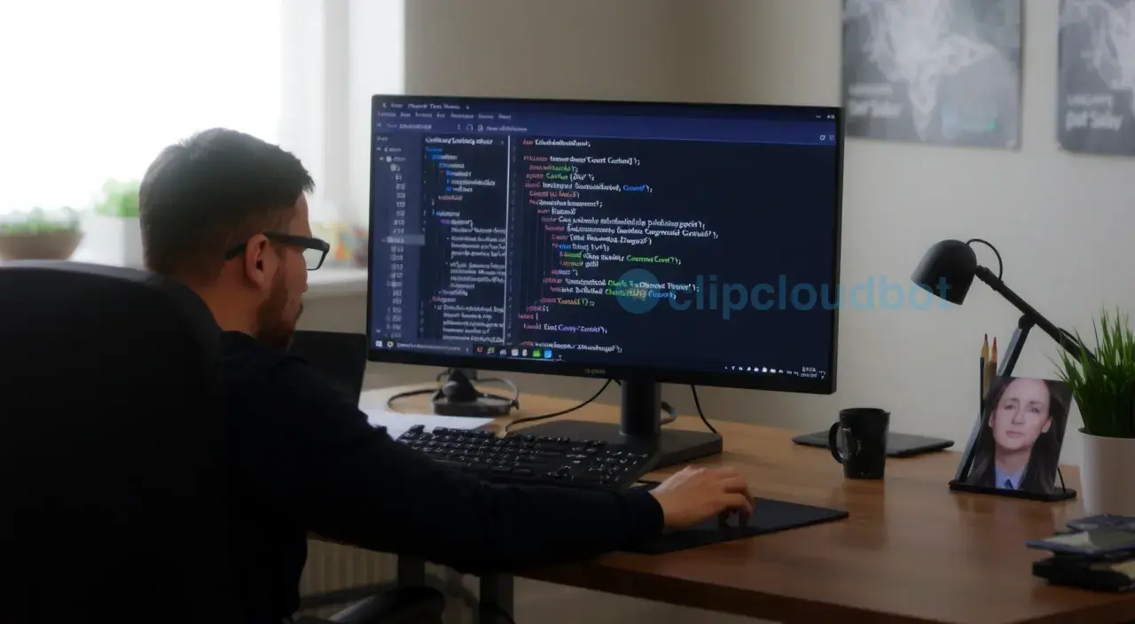 برنامهنویسی پایتون (تخصصی) A professional Python programming workspace with a large high-resolution monitor displaying clean Python code, a sleek modern desk, a focused programmer typing, soft ambient lighting, and subtle tech-themed decorations