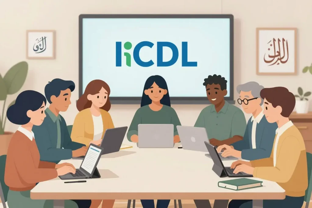 A professional academic illustration showing a diverse group of students and educators collaborating around a large table covered with educational materials, including tablets, books, and a digital screen displaying the ICDL logo, with subtle Persian calligraphy elements in the background to represent specialized skills, all rendered in a clean, modern, and inclusive style