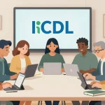 A professional academic illustration showing a diverse group of students and educators collaborating around a large table covered with educational materials, including tablets, books, and a digital screen displaying the ICDL logo, with subtle Persian calligraphy elements in the background to represent specialized skills, all rendered in a clean, modern, and inclusive style