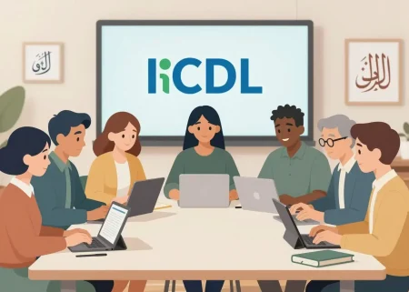 A professional academic illustration showing a diverse group of students and educators collaborating around a large table covered with educational materials, including tablets, books, and a digital screen displaying the ICDL logo, with subtle Persian calligraphy elements in the background to represent specialized skills, all rendered in a clean, modern, and inclusive style