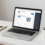 A clean, modern workspace featuring a laptop displaying a WordPress dashboard with a simple website design in progress, surrounded by design tools like a sketchbook, pen, and coffee mug, soft natural lighting, minimalistic background