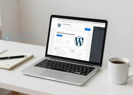 A clean, modern workspace featuring a laptop displaying a WordPress dashboard with a simple website design in progress, surrounded by design tools like a sketchbook, pen, and coffee mug, soft natural lighting, minimalistic background