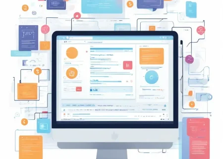 A clean, modern illustration of a computer screen displaying HTML and CSS code snippets, with visual elements like tags, brackets, and syntax highlighting, surrounded by subtle web development symbols like a browser window and a stylized code editor interface, in a professional and educational style