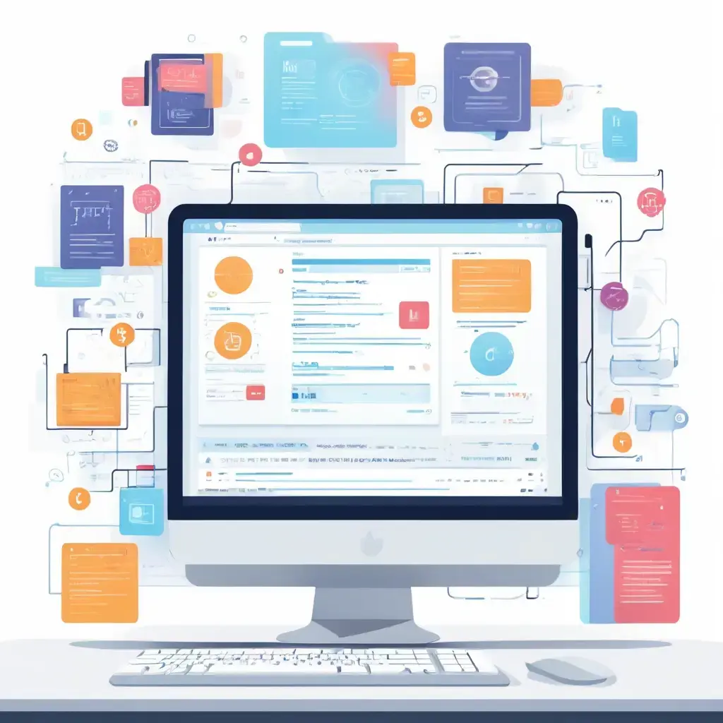 A clean, modern illustration of a computer screen displaying HTML and CSS code snippets, with visual elements like tags, brackets, and syntax highlighting, surrounded by subtle web development symbols like a browser window and a stylized code editor interface, in a professional and educational style