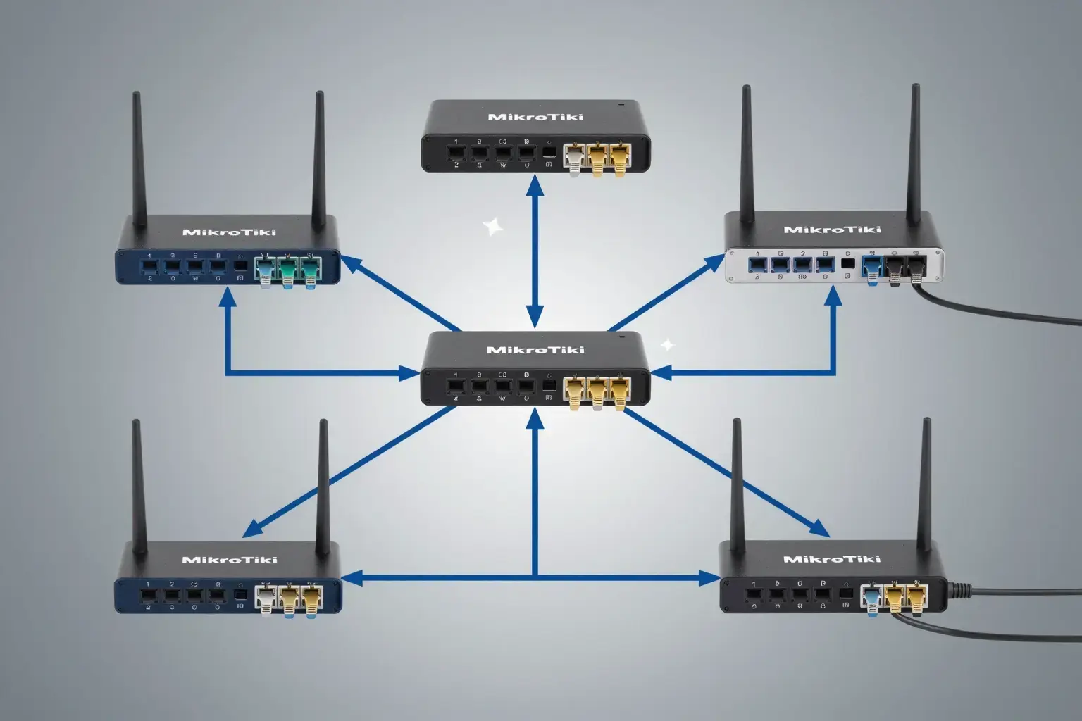 شبکه و MikroTik (پایه) A clean, professional illustration of a network diagram showing MikroTik router devices connected by Ethernet cables, with visible network topology lines and basic icons representing MikroTik hardware, set against a subtle tech-themed background
