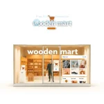 A clean, modern e-commerce storefront interface featuring a wooden mart brand name prominently displayed, with digital shopping elements like cart icons and product grids, set against a neutral background to emphasize online retail