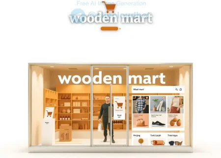 A clean, modern e-commerce storefront interface featuring a wooden mart brand name prominently displayed, with digital shopping elements like cart icons and product grids, set against a neutral background to emphasize online retail