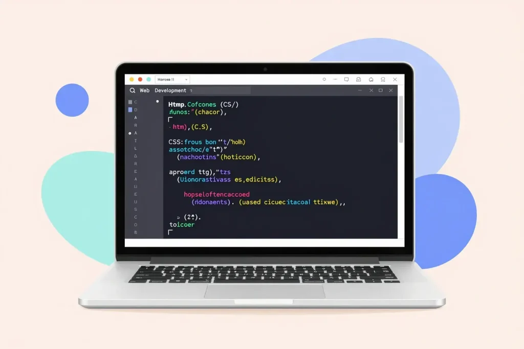 A clean, modern digital illustration of a laptop screen displaying HTML and CSS code snippets with colorful syntax highlighting, surrounded by abstract geometric shapes representing web development concepts, soft pastel background, no text or letters visible