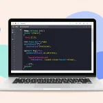 A clean, modern digital illustration of a laptop screen displaying HTML and CSS code snippets with colorful syntax highlighting, surrounded by abstract geometric shapes representing web development concepts, soft pastel background, no text or letters visible