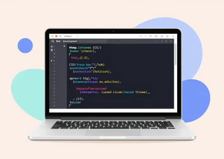 A clean, modern digital illustration of a laptop screen displaying HTML and CSS code snippets with colorful syntax highlighting, surrounded by abstract geometric shapes representing web development concepts, soft pastel background, no text or letters visible