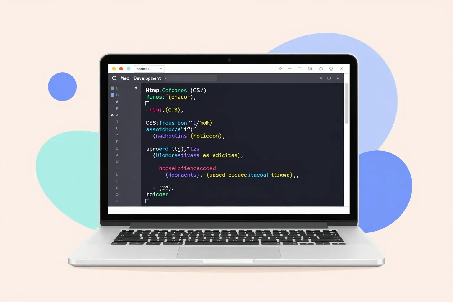 HTML و CSS (پایه) A clean, modern digital illustration of a laptop screen displaying HTML and CSS code snippets with colorful syntax highlighting, surrounded by abstract geometric shapes representing web development concepts, soft pastel background, no text or letters visible