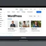 A modern, clean WordPress website design interface showing the WordPress dashboard with a responsive layout, featuring a sidebar with navigation menus, a main content area with a preview of a blog post, and a footer, all in a professional and minimalist style