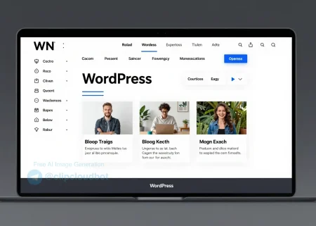 A modern, clean WordPress website design interface showing the WordPress dashboard with a responsive layout, featuring a sidebar with navigation menus, a main content area with a preview of a blog post, and a footer, all in a professional and minimalist style