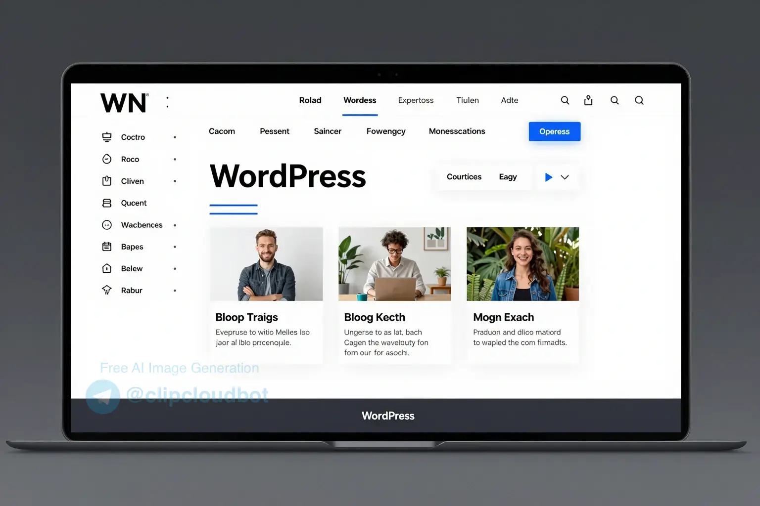 طراحی سایت وردپرس (تکمیلی) A modern, clean WordPress website design interface showing the WordPress dashboard with a responsive layout, featuring a sidebar with navigation menus, a main content area with a preview of a blog post, and a footer, all in a professional and minimalist style