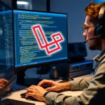 A professional software developer working on a Laravel framework project, showing code on a computer screen with Laravel framework logos and development tools subtly integrated, clean and modern tech environment