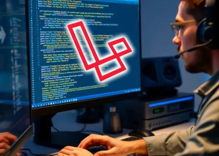 A professional software developer working on a Laravel framework project, showing code on a computer screen with Laravel framework logos and development tools subtly integrated, clean and modern tech environment